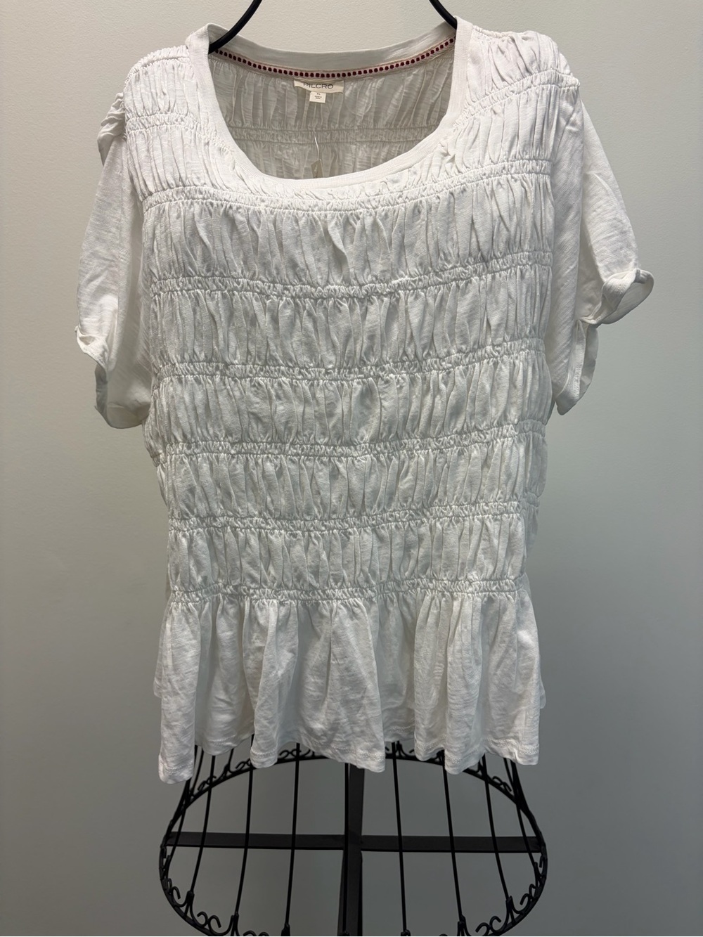 Anthropologie White Smocked Peplum Short Sleeve Top